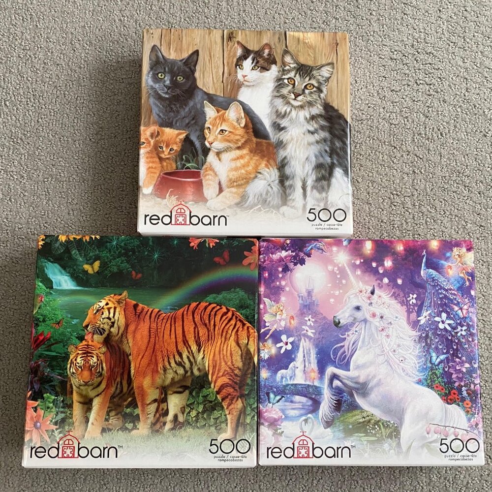 3 NEW Red Barn 500 Piece Animal Jigsaw Puzzles, Cats, Tiger, Unicorn & Fairy